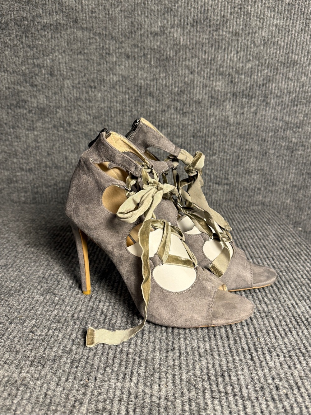 Cape Robbin Suede Ribbon Lace-Up Peep-Toe Stiletto Heels in Taupe Size 10